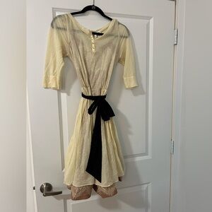 Cream Button-Front Dress with Black Sash